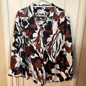 CHICO'S BUTTON FRONT SHIRT, CUFFED SLEEVE, 20 (4), NAVY, BROWN, WHITE; LIKE NEW